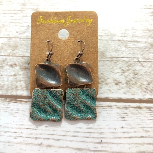 BOHO Simulated Copper Two Squares Dangling Earrings - Picture 1 of 3